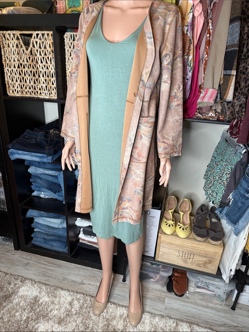 Solitaire Beige Floral Embroidered Open Front Coat